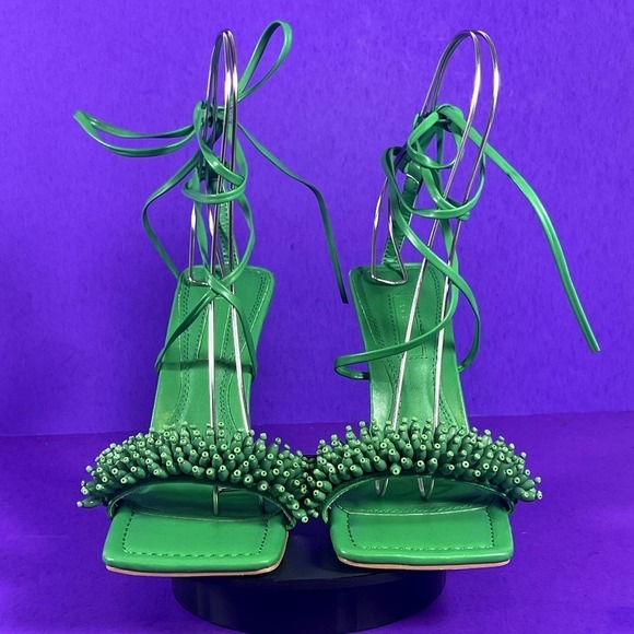 Topshop Green Riley Beaded Trim Heeled Sandal With Ankle Tiel Women's Size 6-NEW - Picture 2 of 8